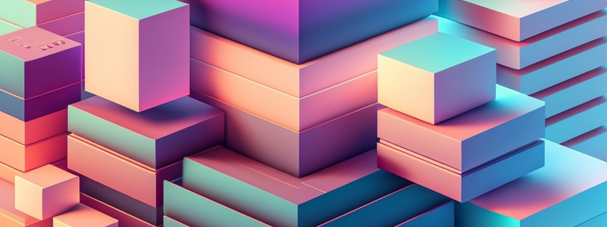 Stacked 3D blocks in pastel pink, purple and teal creating a stepped pattern